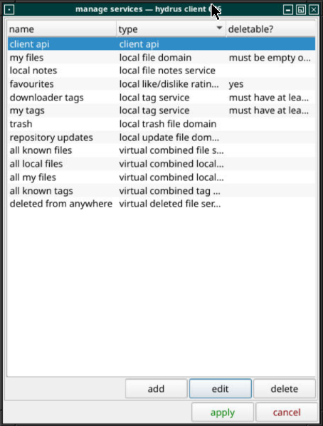 Screenshot showing the manage services window with client api selected.